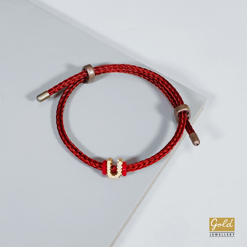 Gelang tali emas kuning kadar 700 70% inisial U bsr tali pdr srt merah