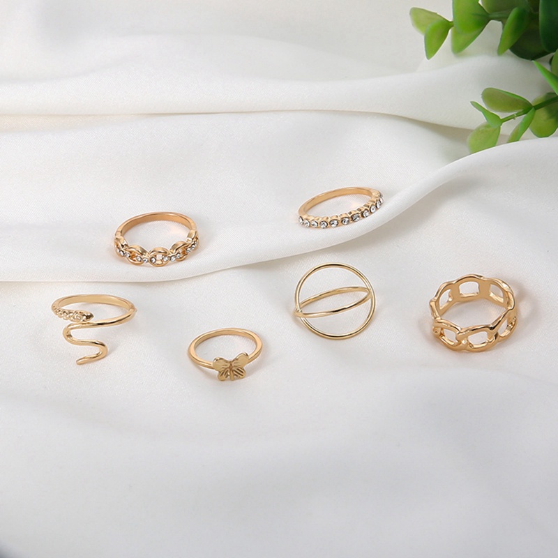 Fancyqube 6pcs / Set Cincin Model Terbuka Bentuk Ular Mawar Hollow Bahan Logam Gaya Retro Eropa Amerika Untuk Wanita