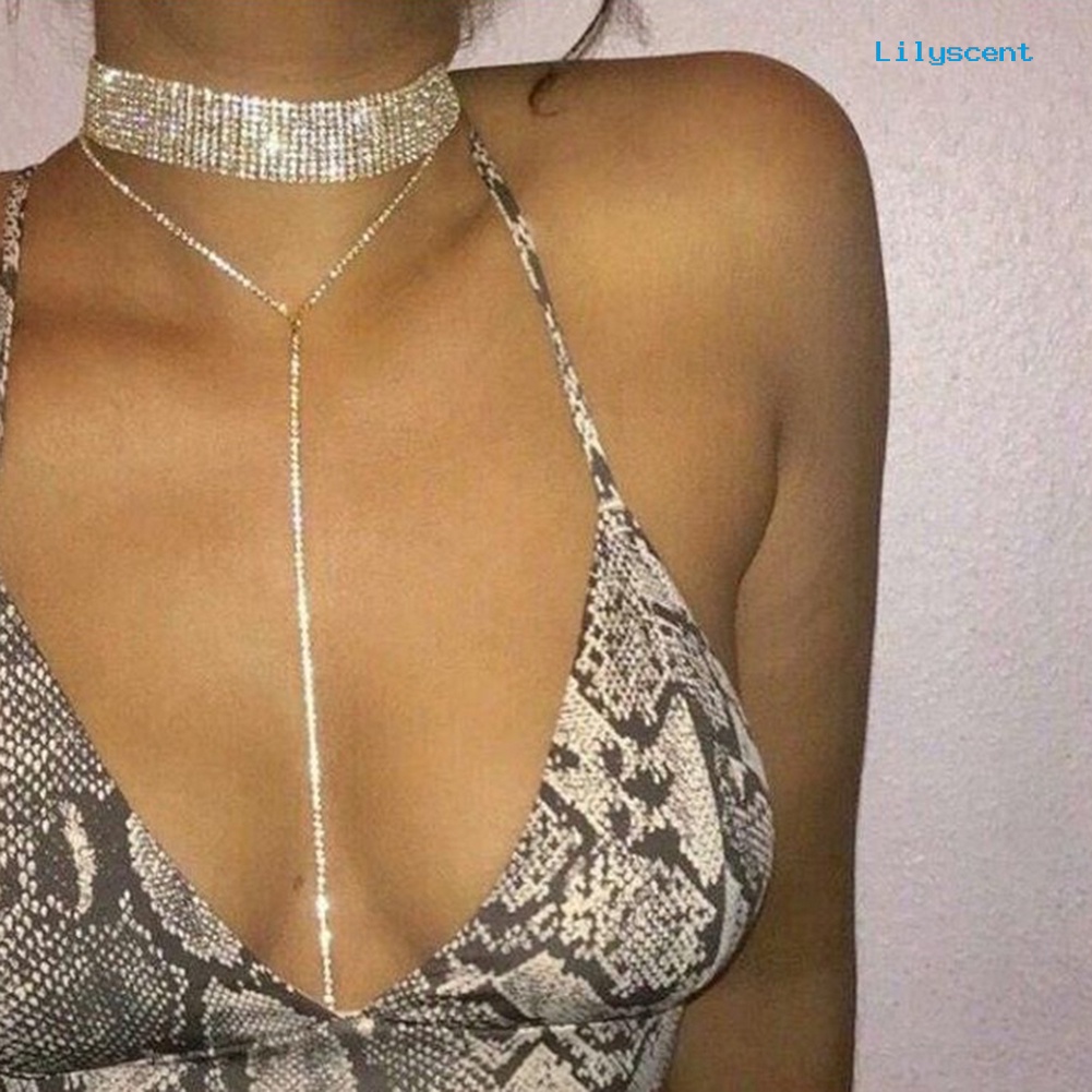 Kalung Choker Rantai Berlian Imitasi Multilayer Untuk Wanita