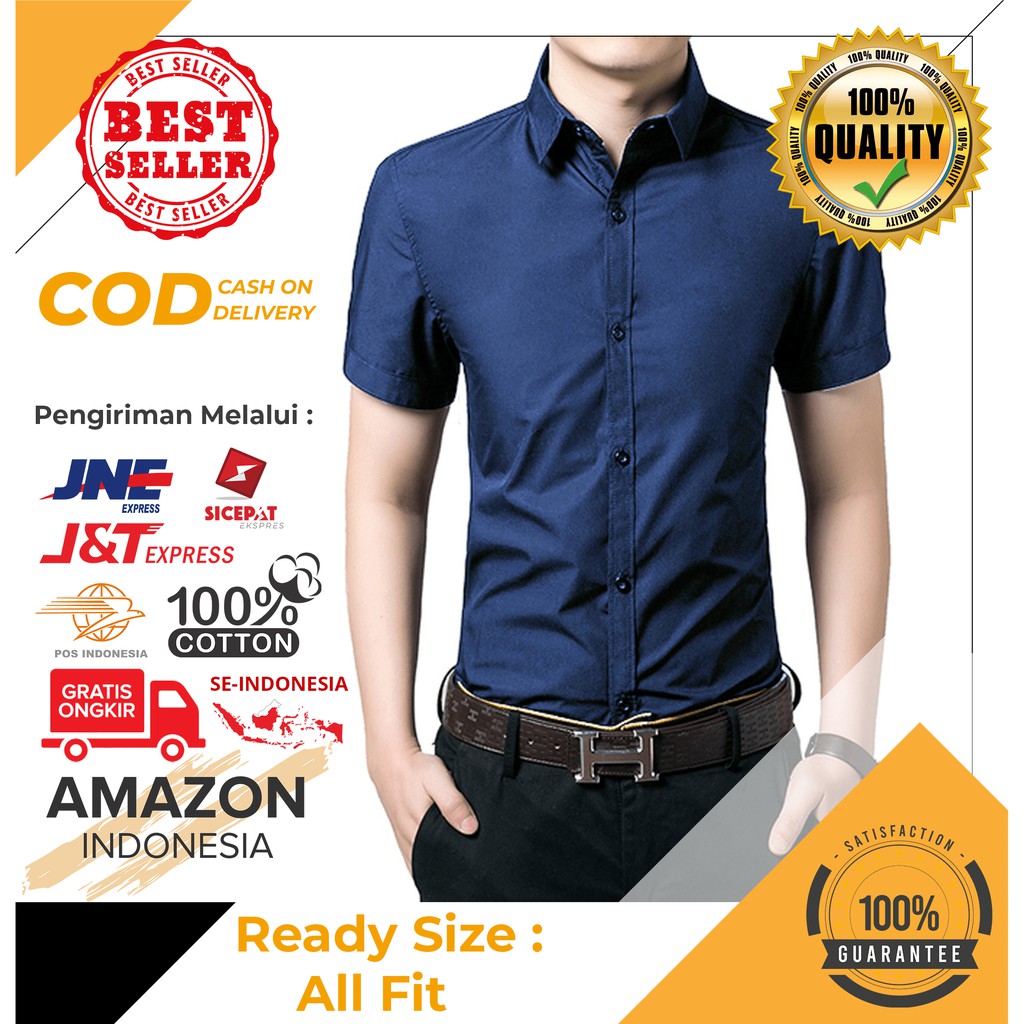 FASHION BAJU KEMEJA HEM PRIA COWOK LAKI LAKI WARNA BIRU LIGHT NAVY BAHAN KATUN SLIM FIT MELAR IMPORT