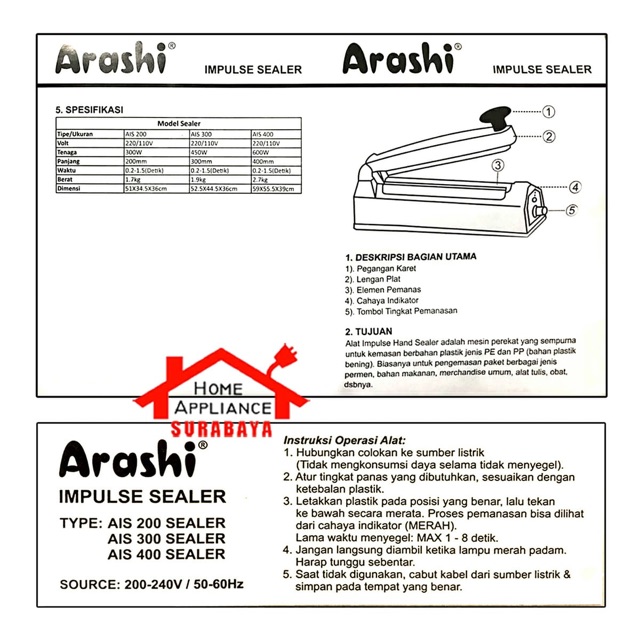 Alat Mesin Press Perekat Plastik Impulse Sealer 40 CM Arashi AIS 400 / HYPERLITE TIS-402