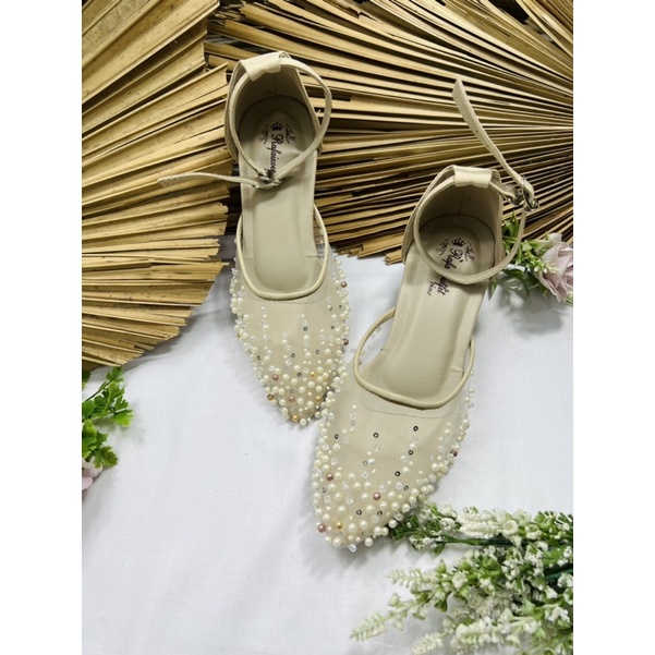 sepatu wanita cantik sepatu wedding shoes cream hak tahu tali 3cm