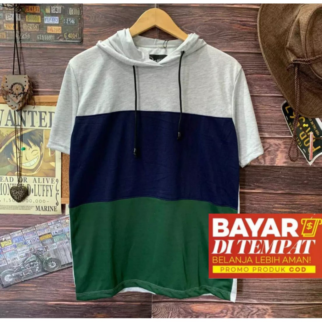 kaos hoodie lengan pendek motif kombinasi tiga warna kaos kupluk hoodie kupluk