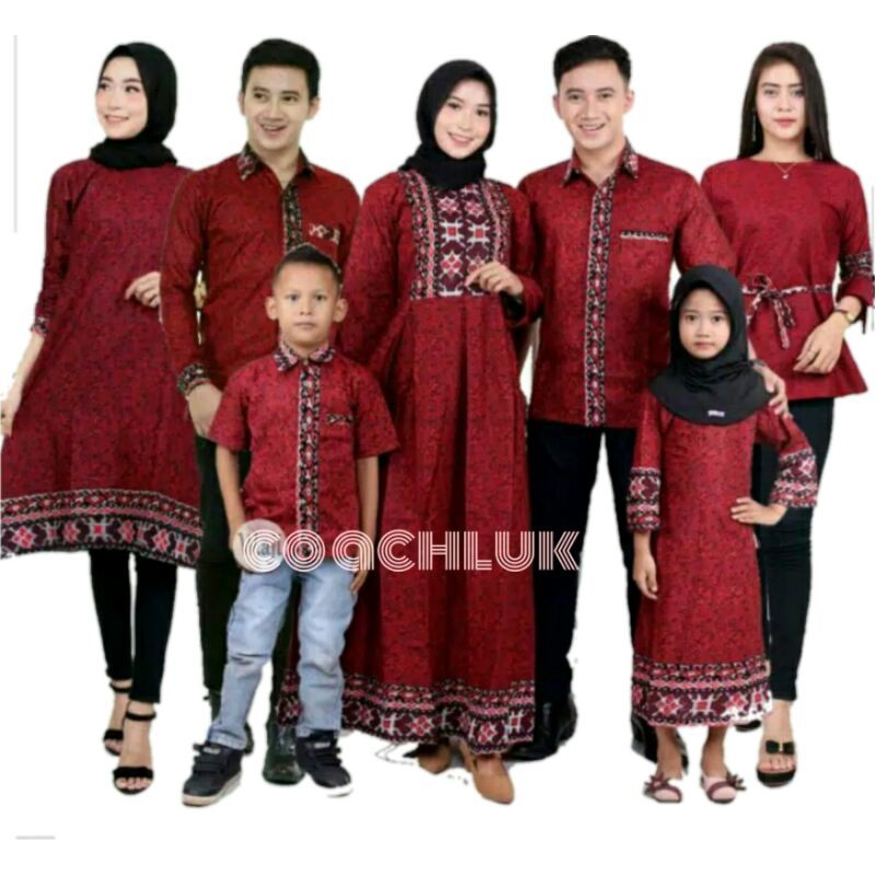 Baju Batik Couple Keluarga Modern Set Batik Sarimbit Merah Maroon Batik Pekalongan Atasan Kemeja Len