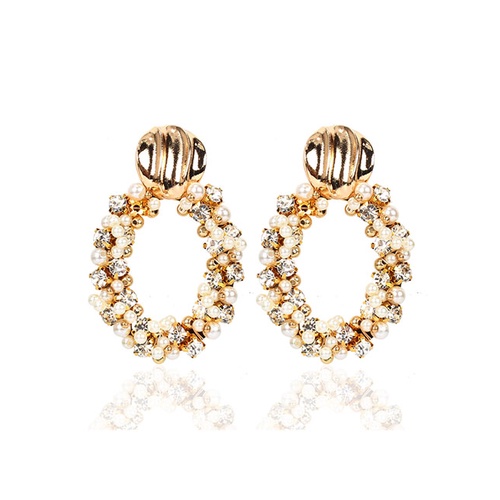 LRC Anting Tusuk Fashion Golden Pearl Oval Hand-set Diamond Alloy Earrings K01074