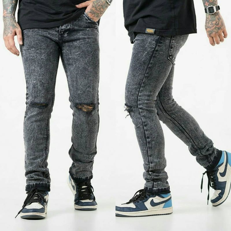 Celana Jeans Sobek Ripped Black Full Denim Sobek Skinny Slim Fit Biker Jeans Denim