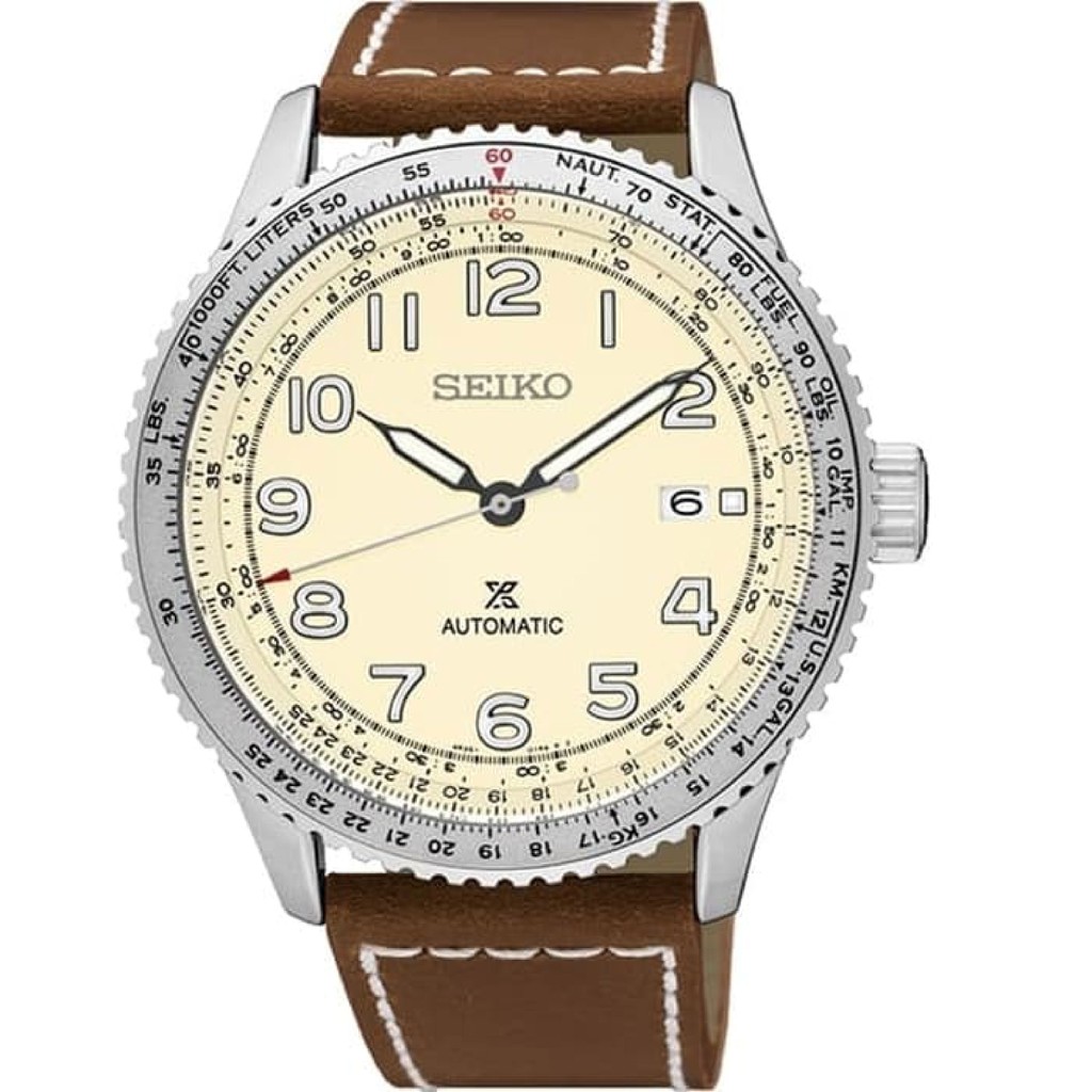 Jam Seiko Prospex SRPB59K1 Automatic Flightmaster Beige Dial 100m Brown Leather Strap Ori Garansi