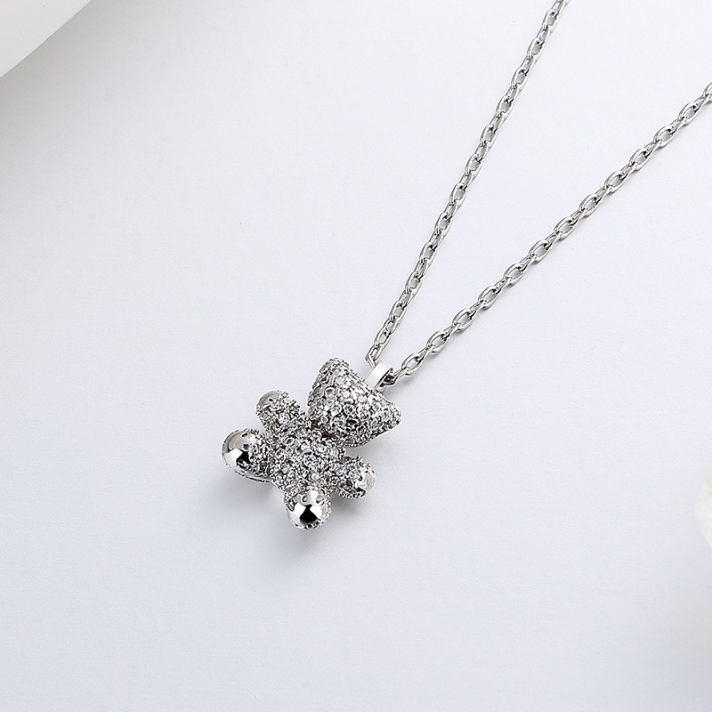 Kalung Rantai Sterling Silver 925 Dengan Liontin Beruang Hias Berlian Imitasi Untuk Wanita