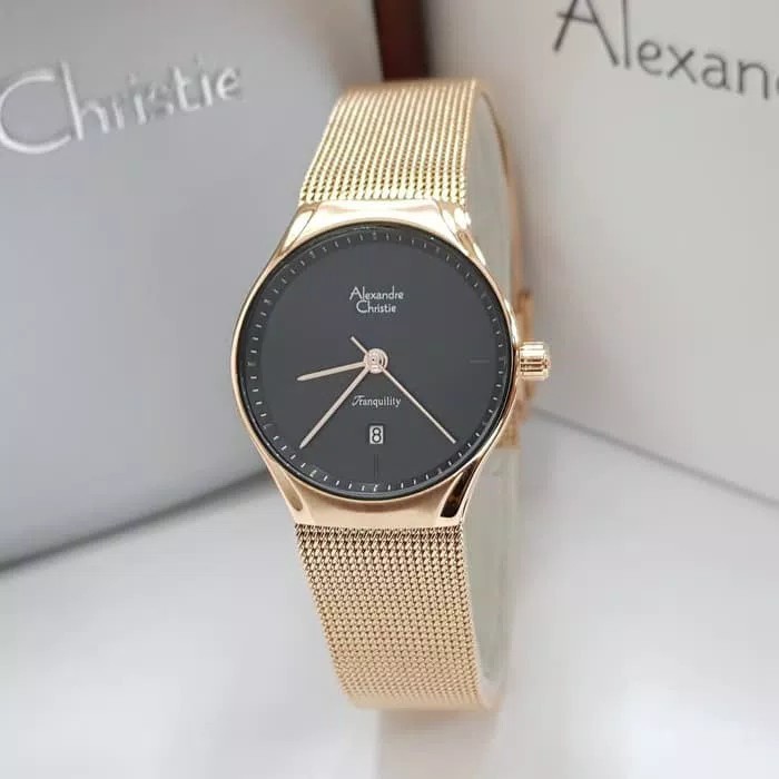 JAM TANGAN WANITA ALEXANDRE CHRISTIE AC 8571 ROSEGOLD BLACK ORIGINAL