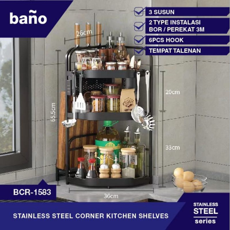 Rak dapur sudut stainless 3 susun bano hitam / rak dapur serbaguna stainless bano hitam