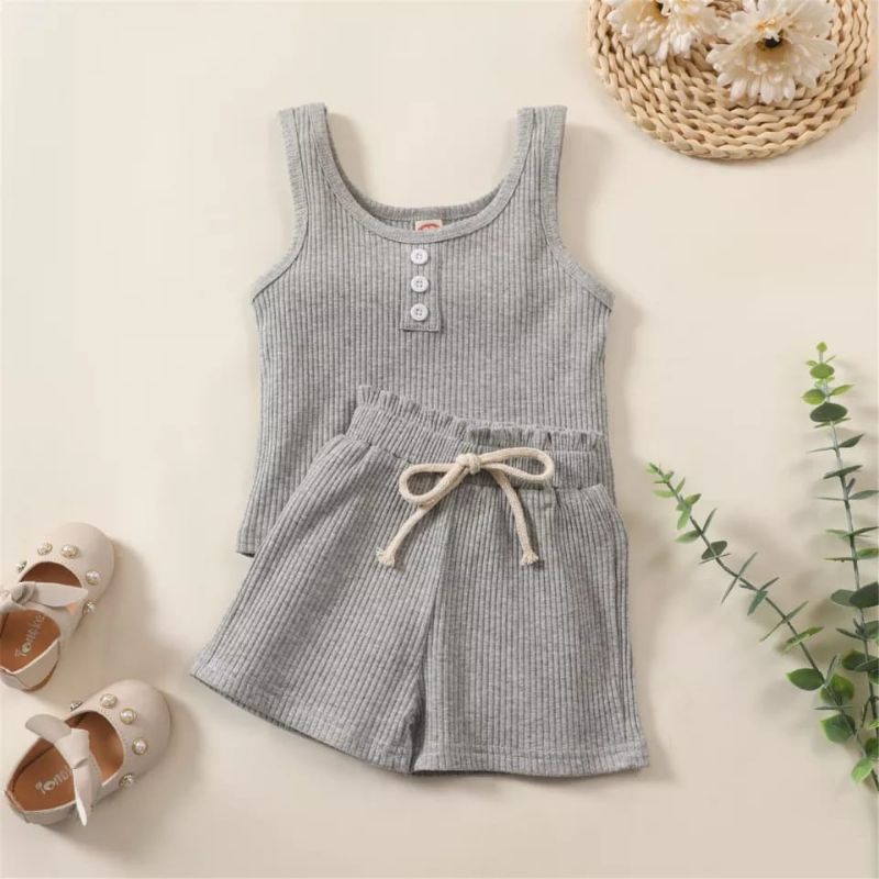 Setelan Andien 6 bulan - 2 Tahun / Setelan Singlet Katung Tanpa Lengan / Setelan Anak Bayi Hotpants Tali Rib / Ribbed Tank Set