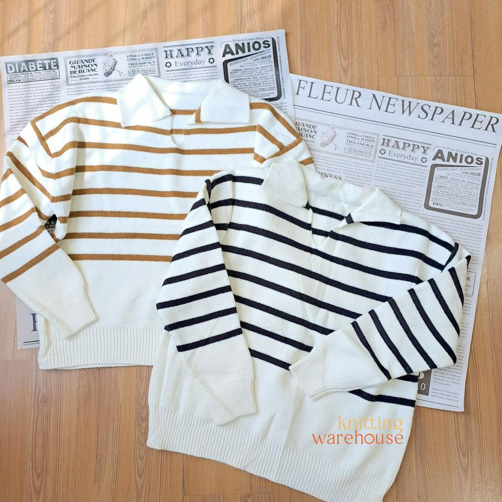 Amber Sweater Polo Stripes Top Oversize Wanita - Atasan Rajut Jumbo Knit Import - TM (MG22378)