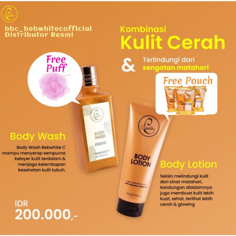 Free Pouch & Spons Beb White C BBC Paket Body Lotion dan Body Wash 250ml Body Series New Package Kem