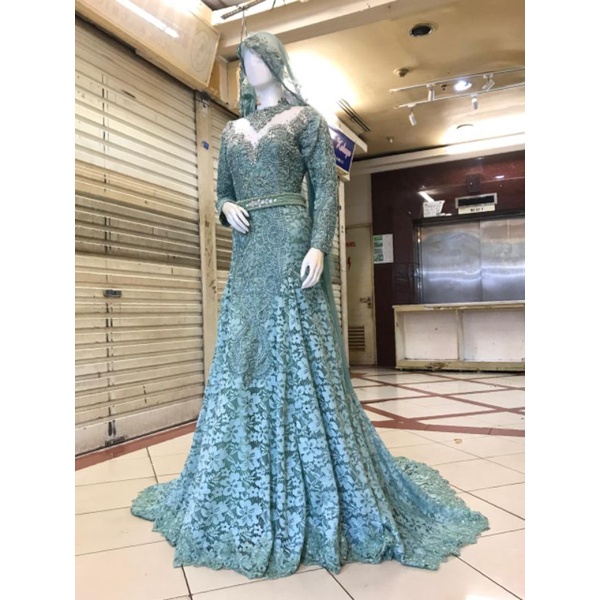 Gaun Pengantin Slim Duyung Ekor Payet Navy dan Ijo Wardah