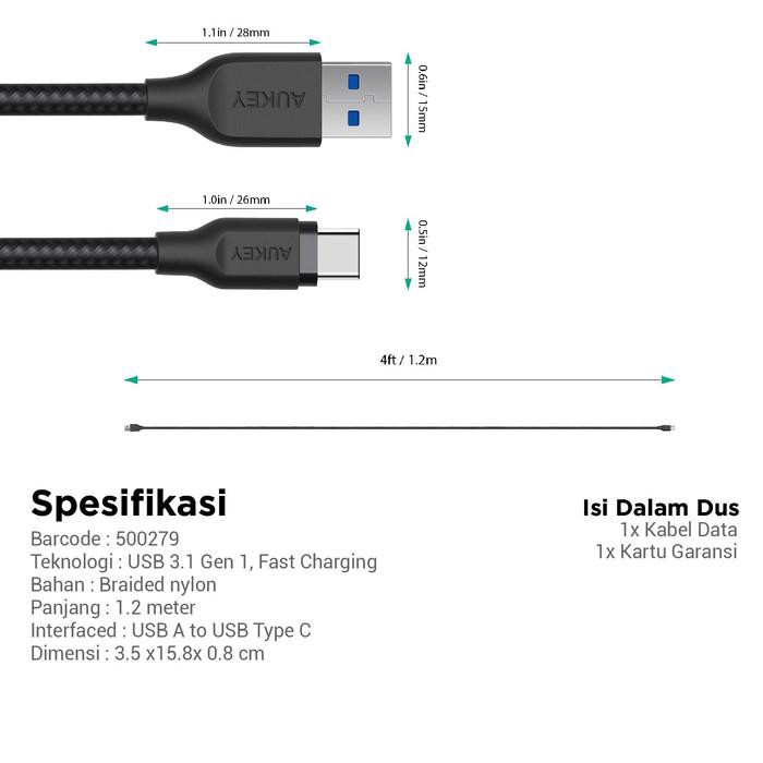 Aukey Cable Braided Nylon USB To Type C - 1.2m - 500279 / 500331 - CB-AC1