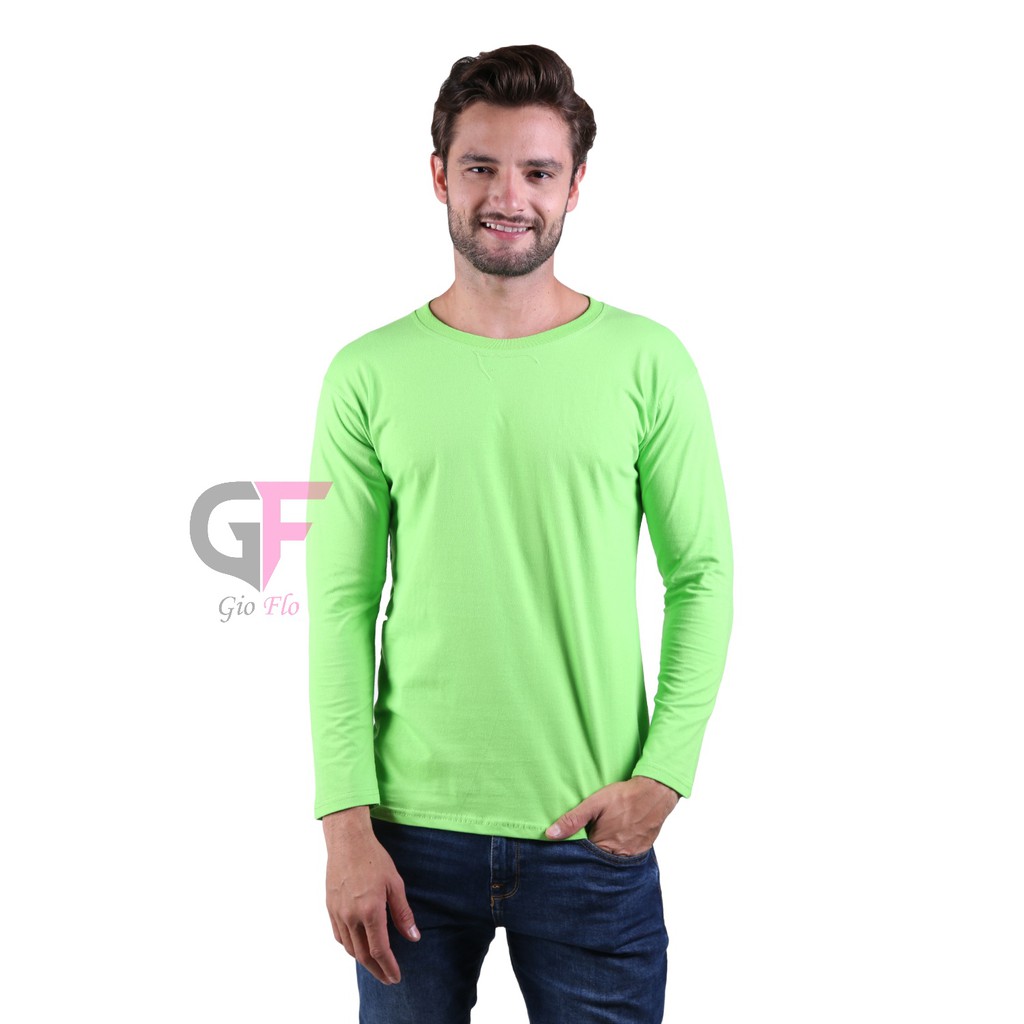 GIOFLO Baju Polos Lengan Panjang Kaos Smart Casual Pria Hijau Stabilo / PLS 167