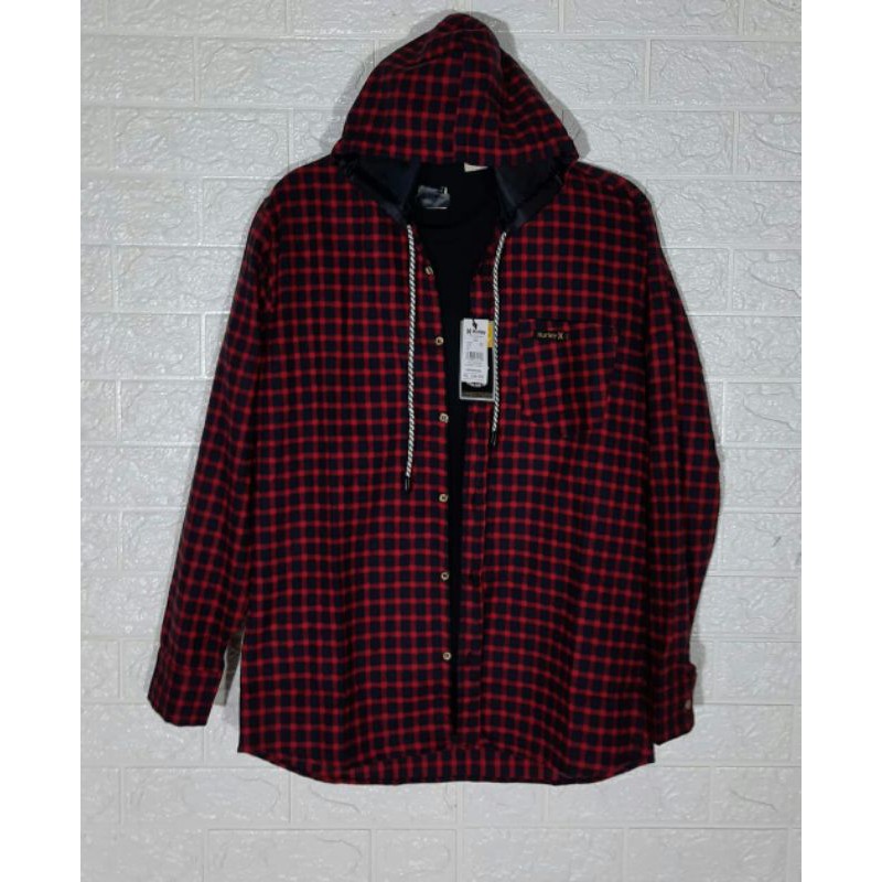 PROMO FLANNEL HOODIE OUTBID BLACK x GREY KEMEJA FLANEL HOODIE LENGAN PANJANG MERAH LIST HITAM PUTIH