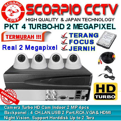 CCTV PAKET 2 MEGAPIXEL 4 KAMERA NEW TURBO-HD HDD SIAP PAKAI TERMURAH