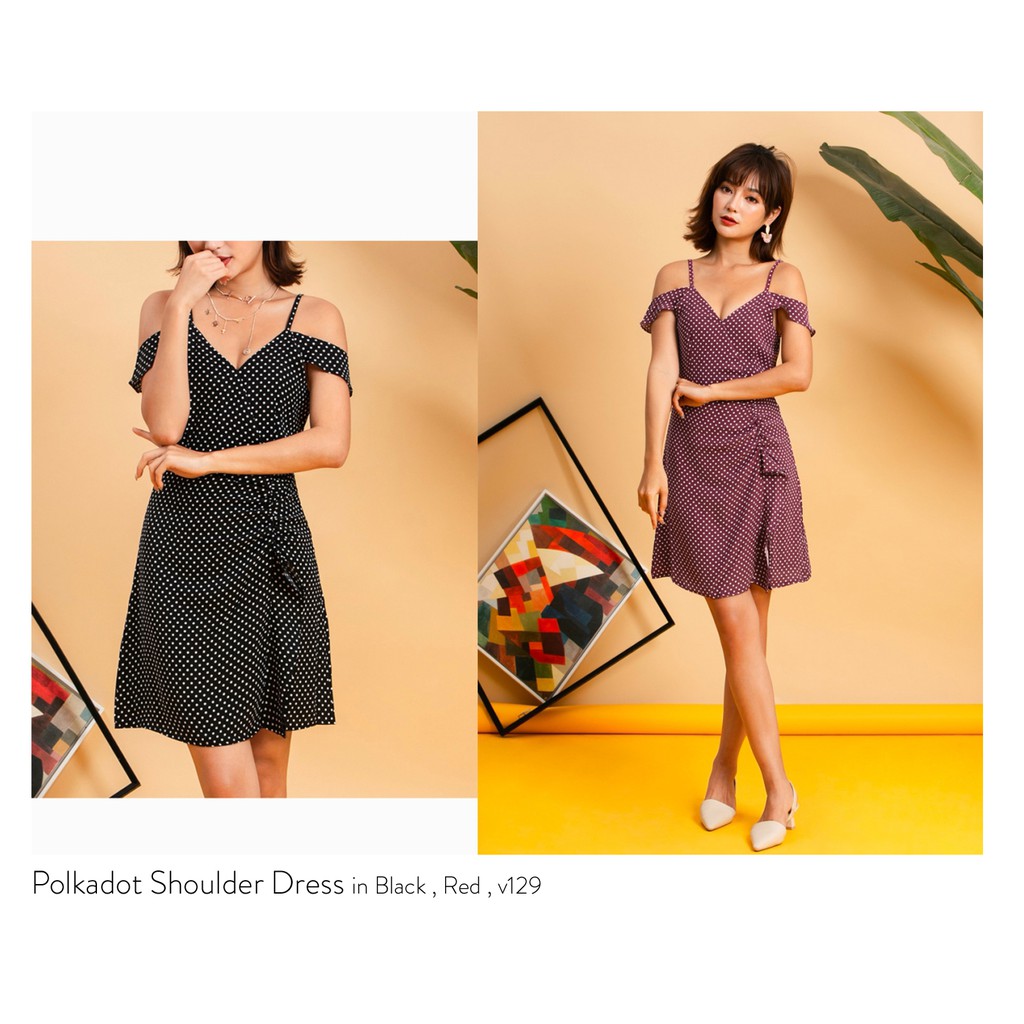 Import Dress Casual Baju Party Cewe Termurah Polka Lucu Fashion Bangkok Polkadot Shoulder Dress