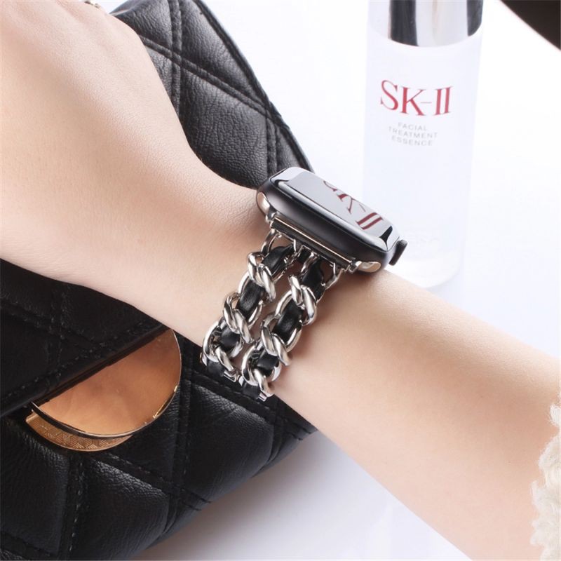 Strap Rantai Kulit Leather Fashion Wanita tali jam apple watch iwatch jam 5 3 stainless rose gold 41mm 45mm series 6 7