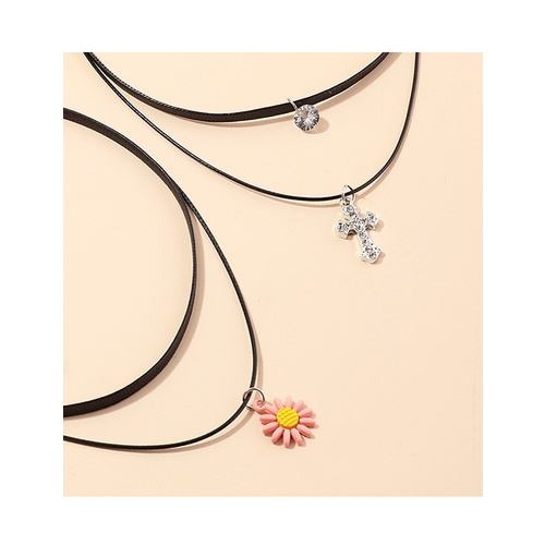 LRC Kalung Fashion Black Double Cross Small Daisy Diamond Alloy Necklace Set K37048