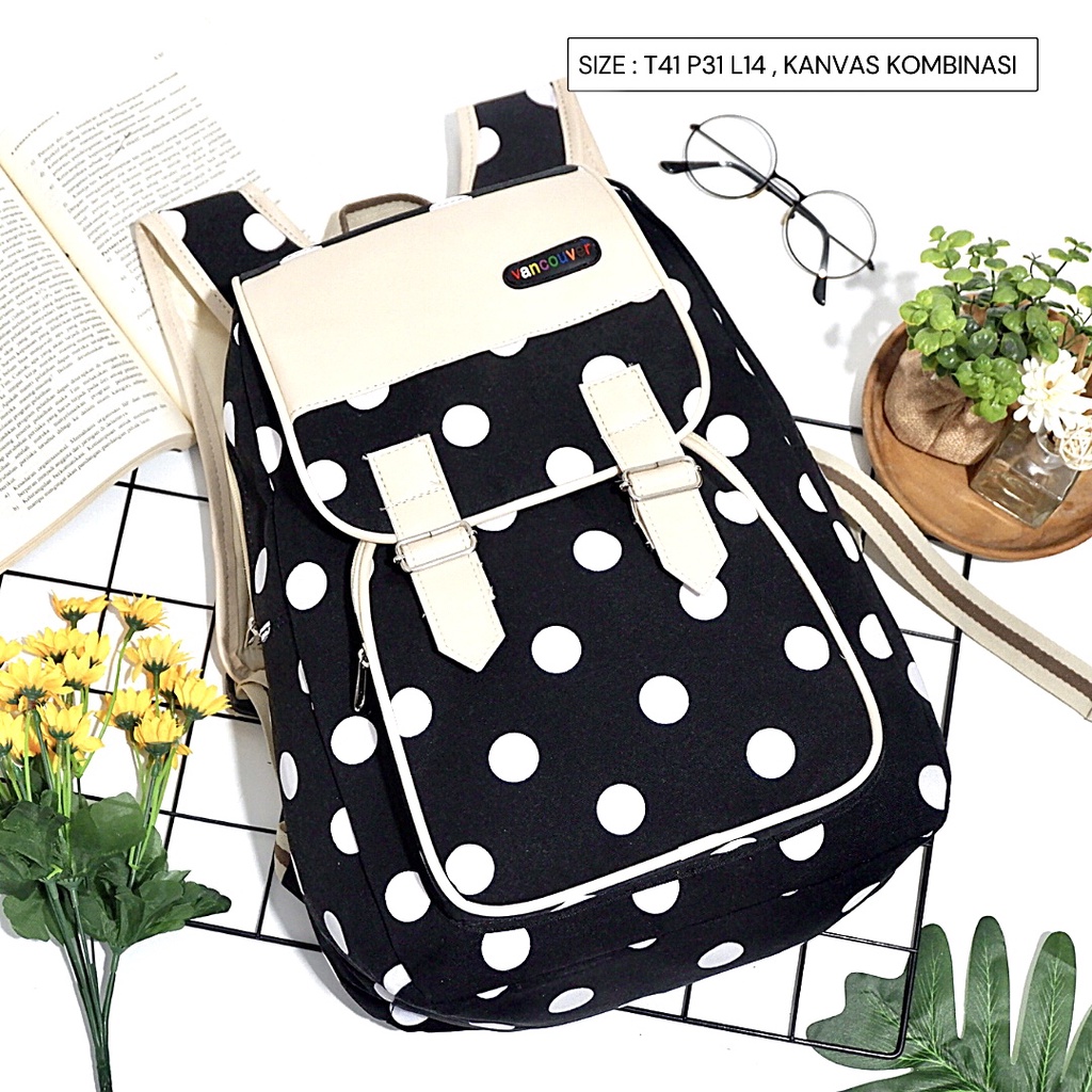 FLASH SALE - BISA COD - TAS WANITA CEWEK RANSEL TUTUP KANVAS VARIAN FASHION produk lokal Polkadot