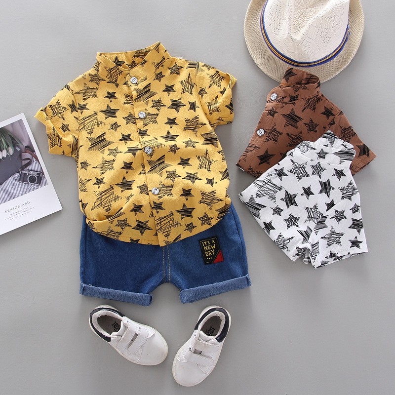 HappyOliver SET KEMEJA BELGIAN STARS EBV Setelan Kemeja Bayi Laki-laki Lengan Pendek celana softdenim melar