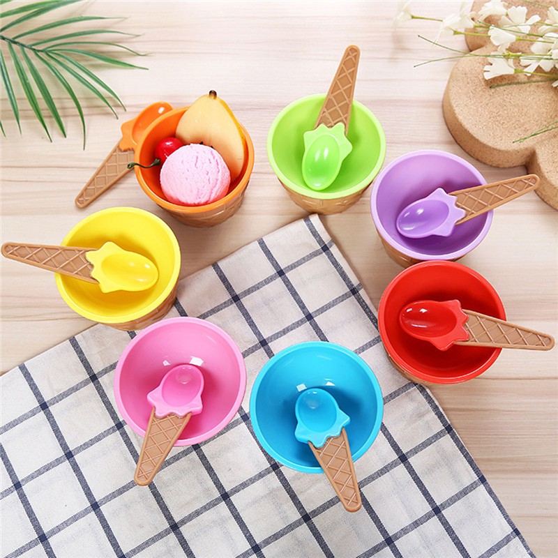Set Mangkok Mangkuk Es Krim Bahan Plastik Desain Kartun Lucu untuk Anak Tahan Lama Ice Cream