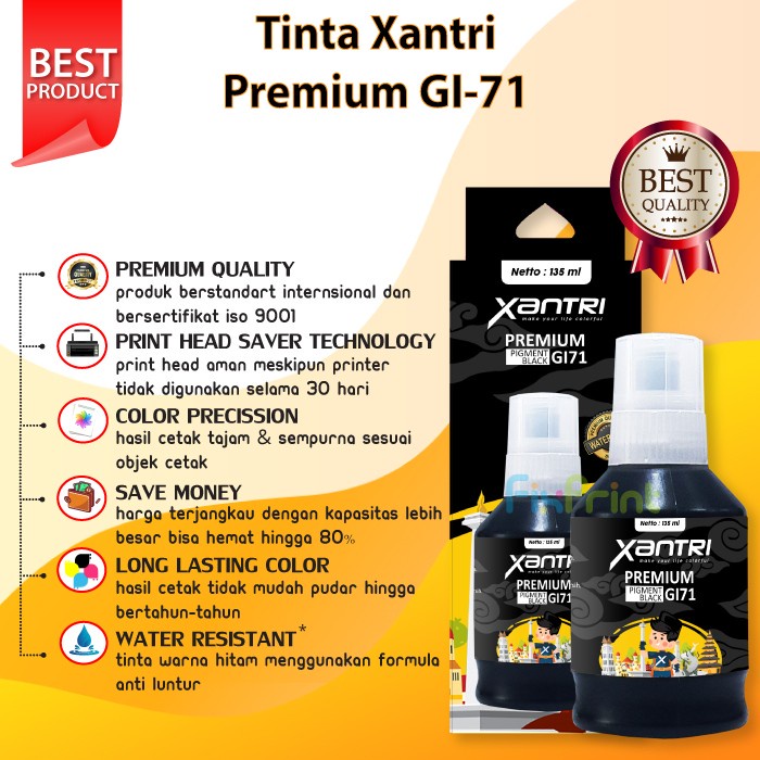 Tinta Xantri Premium GI71 GI-71 Black Pigment 135ml, Printer Canon PIXMA G1020 G2020 G3020 G3060