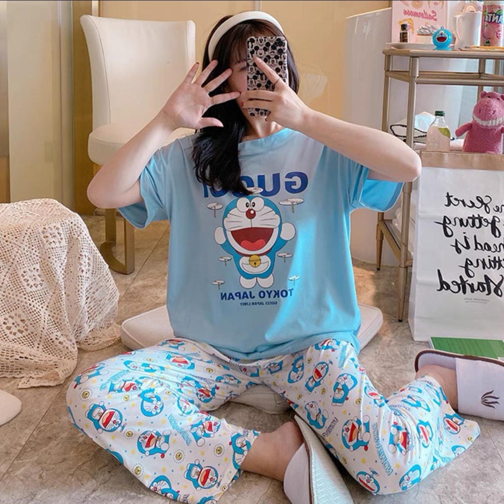 Baju Tidur Piyama Set/Piyama Wanita Import/Baju Piyama Motif Kartun/Woman Sleep Wear-P4-Biru Emon