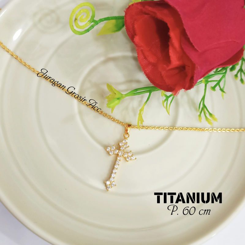 KALUNG SALIB TITANIUM DESAIN MINIMALIS PERMATA DIAMOND PERHIASAN WANITA KOREA ANTI KARAT&amp;ANTI LUNTUR