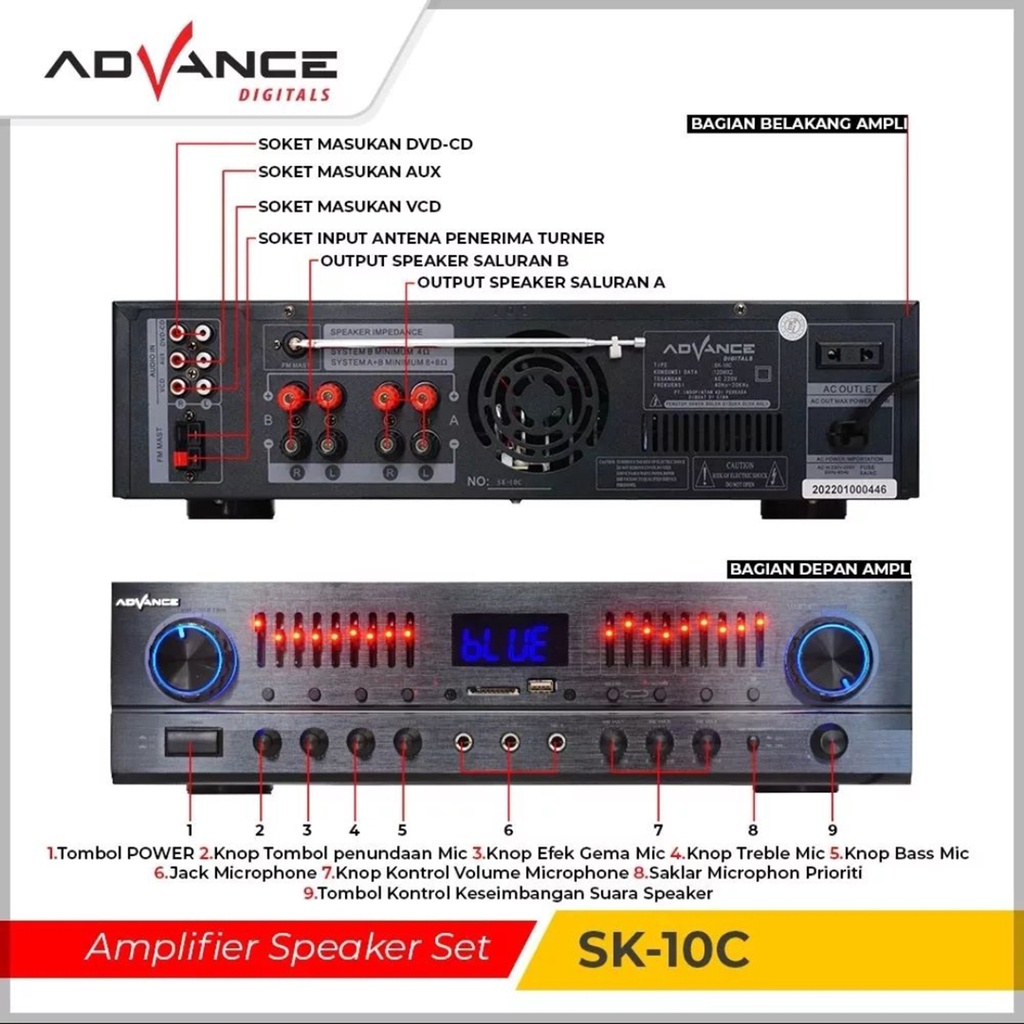 Amplifer + Speaker Advance SK-10C Dual Woofer 10 Inch + Tweeter 3 Inch Sound System Ampli Mixer Bluetooth Karaoke Speaker