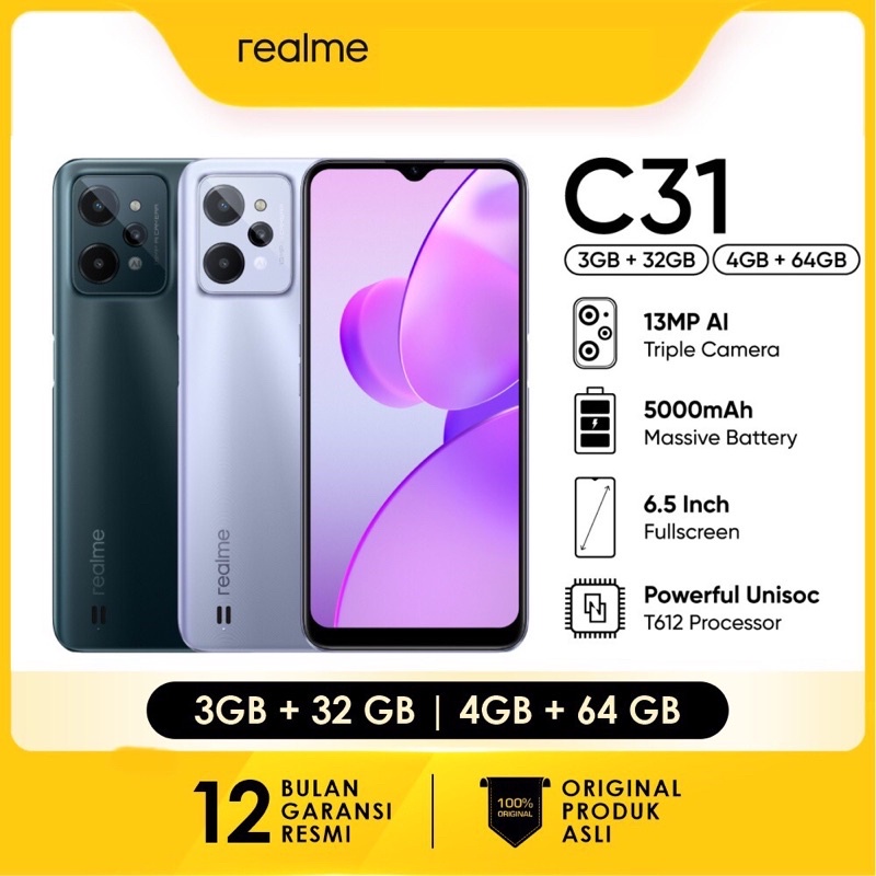 Realme C31 [3GB+32GB - 4GB+64GB] Unisoc Tiger T612 | 13MP Triple Camera | 6.5&quot; IPS LCD | 5000mAh Garansi Resmi Realme 1 Tahun