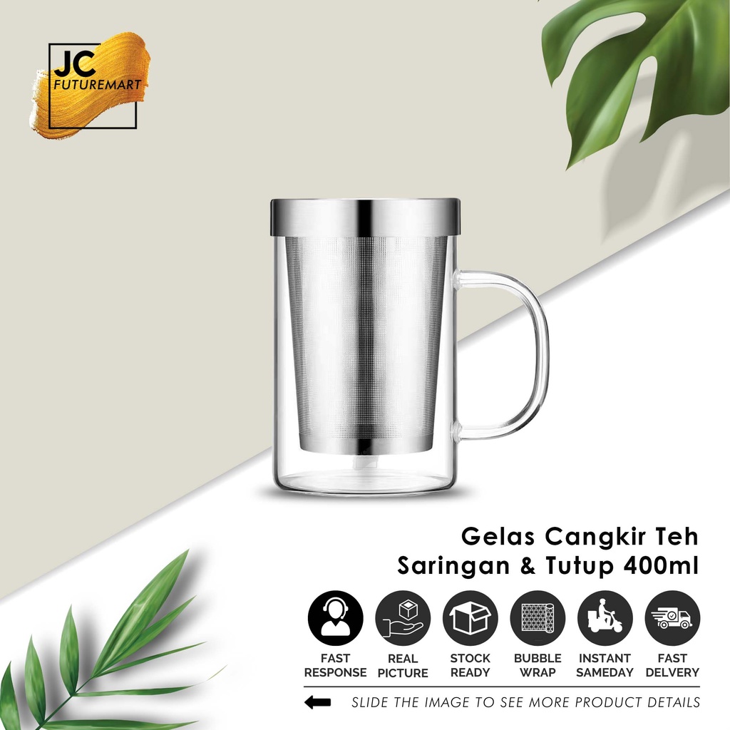 GELAS CANGKIR TEH KACA 400ML SARINGAN DAN TUTUP STAINLESS STEEL