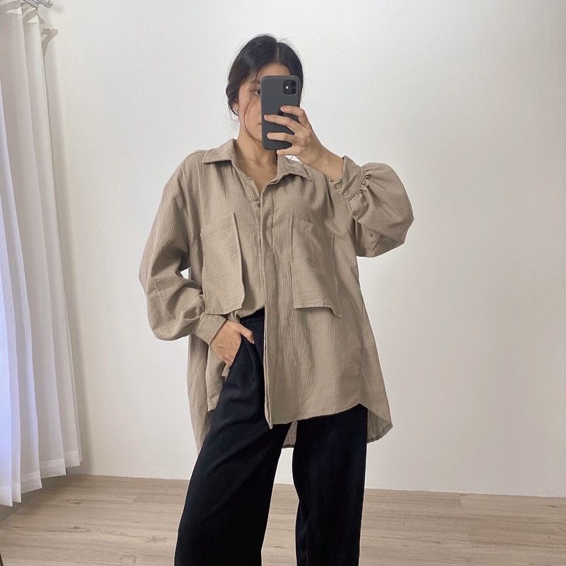 BEFAST - ZFS OOTD Wanita Kemeja HIYARA / GEA OVERSIZE LINEN KRINKLE SHIRT / Atasan kemeja Kasual / Kemeja Oversize Wanita Remaja Kekiniaan / Kem Polos Lengan Panjang / Fashion Wanita Tredny / Terbaru 2022 / Terlaris