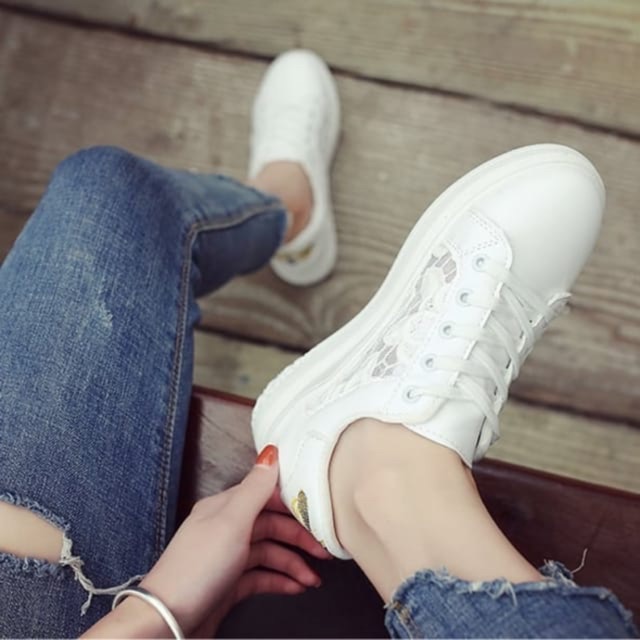 Sepatu Kets Putih - Kets Putih Brokat Murah - Sneakers Wanita Jaring - Kets Tali Santai Gaul Wanita