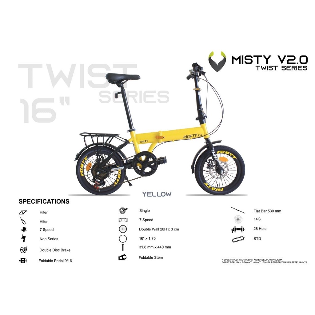 Sepeda Lipat Anak 16 inch Rem Cakram 7 Speed Misty-YELLOW