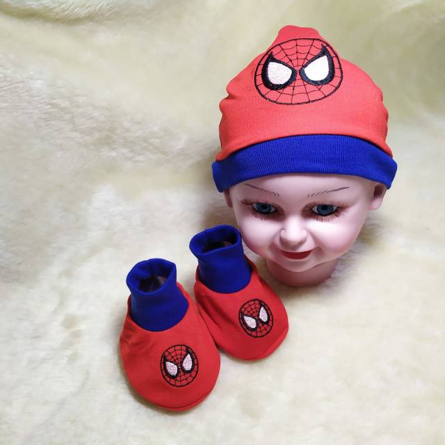 Ss#160 Set Topi Sepatu Bayi 0-6bulan / Topi dan Sepatu Baby motif Superhero/Topi Bayi Gratis Sepatu