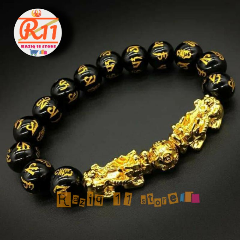 Gelang Pria Batu Giok 2 Pixiu Jumbo Naga Emas Batu Obsidian