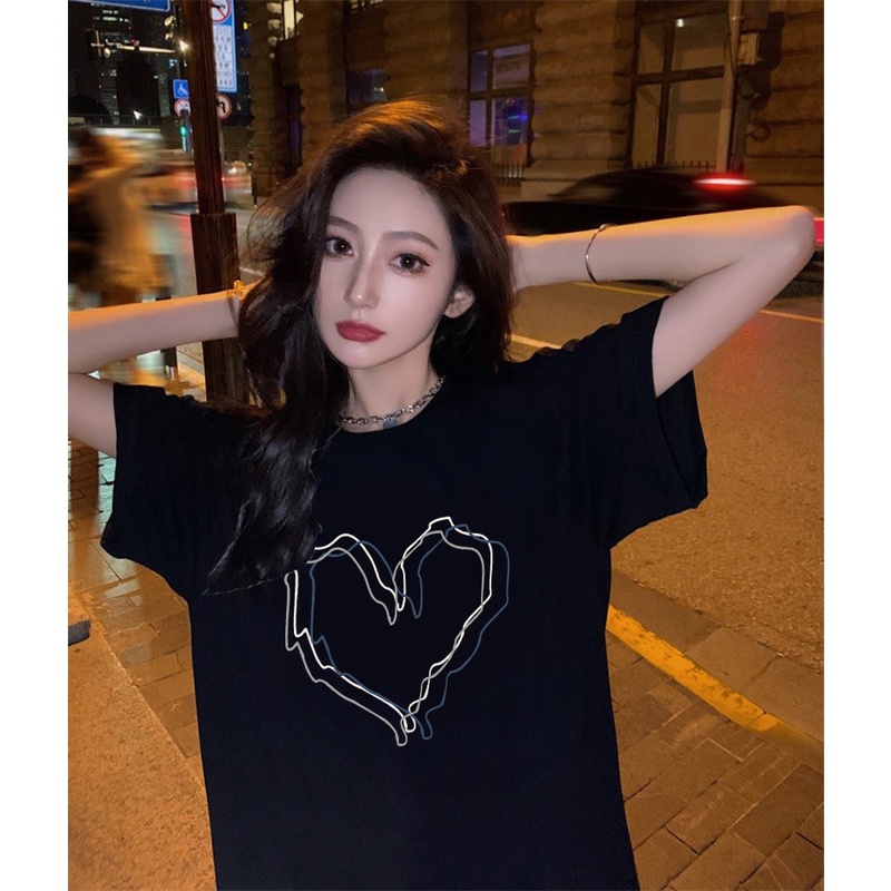 XIAOZHAINV Kaos Atasan Wanita Heart Pattern Lengan Pendek 0076