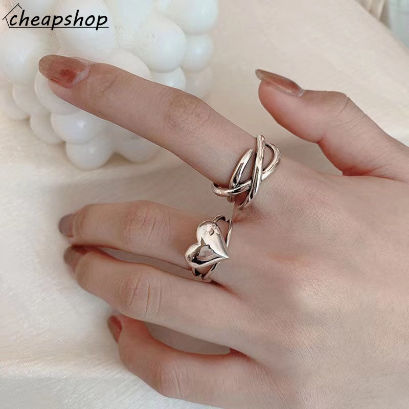 IFYOU 3pcs / set Cincin Model Terbuka Desain Hati Silang Warna Silver Gaya Vintage Untuk Wanita