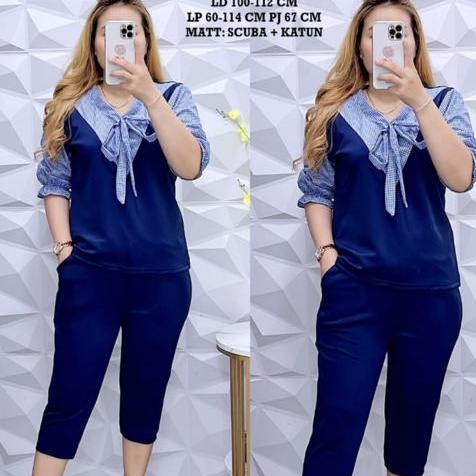 Baju Setelan Wanita Jumbo Scuba 678 Scuba Premium Mix Matt Scuba Katun Salur Atasan Dan Celana Stela
