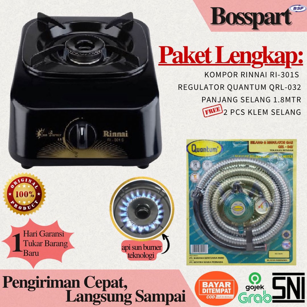 Paket Kompor Gas Rinnai 1 Tungku RI-301s bonus selang regulator Quantum