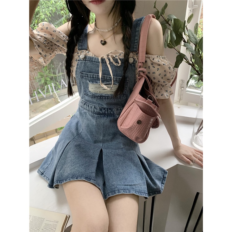 Mini Dress denim suspender rok wanita gaun kecil pinggang musim panas A-line rok desain rok lipit