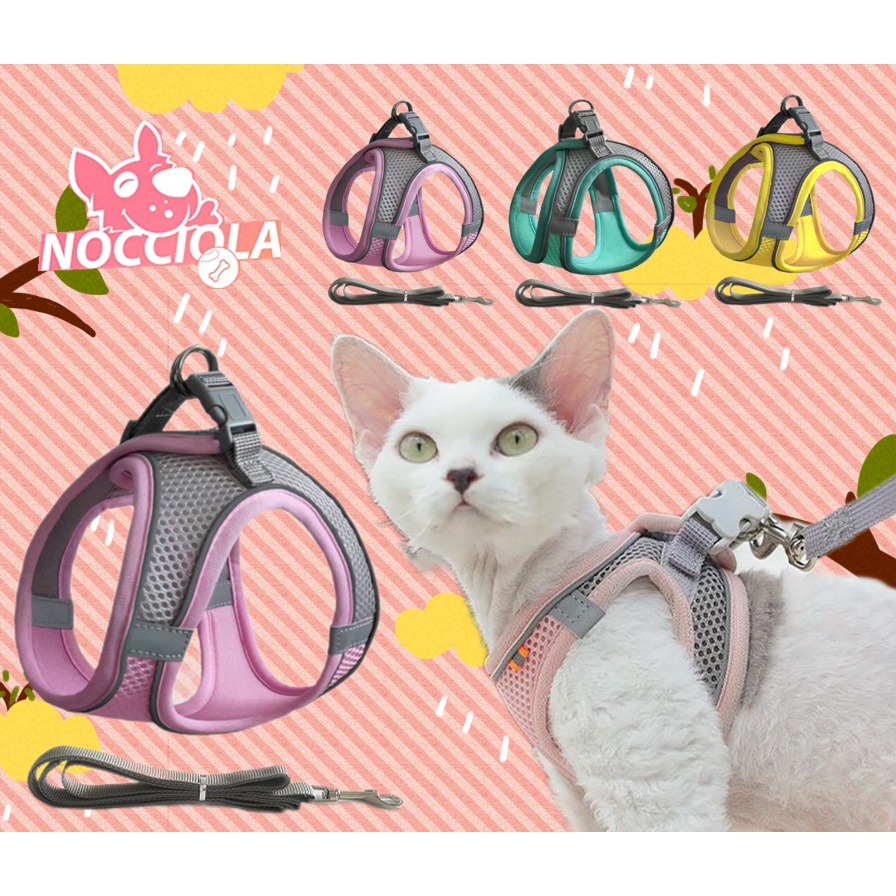 Tali Kucing Harness Mesh Lembut dengan Tali Pengikat Reflektif untuk Anjing / Kucing Kecil / Tali Traksi Hewan Peliharaan