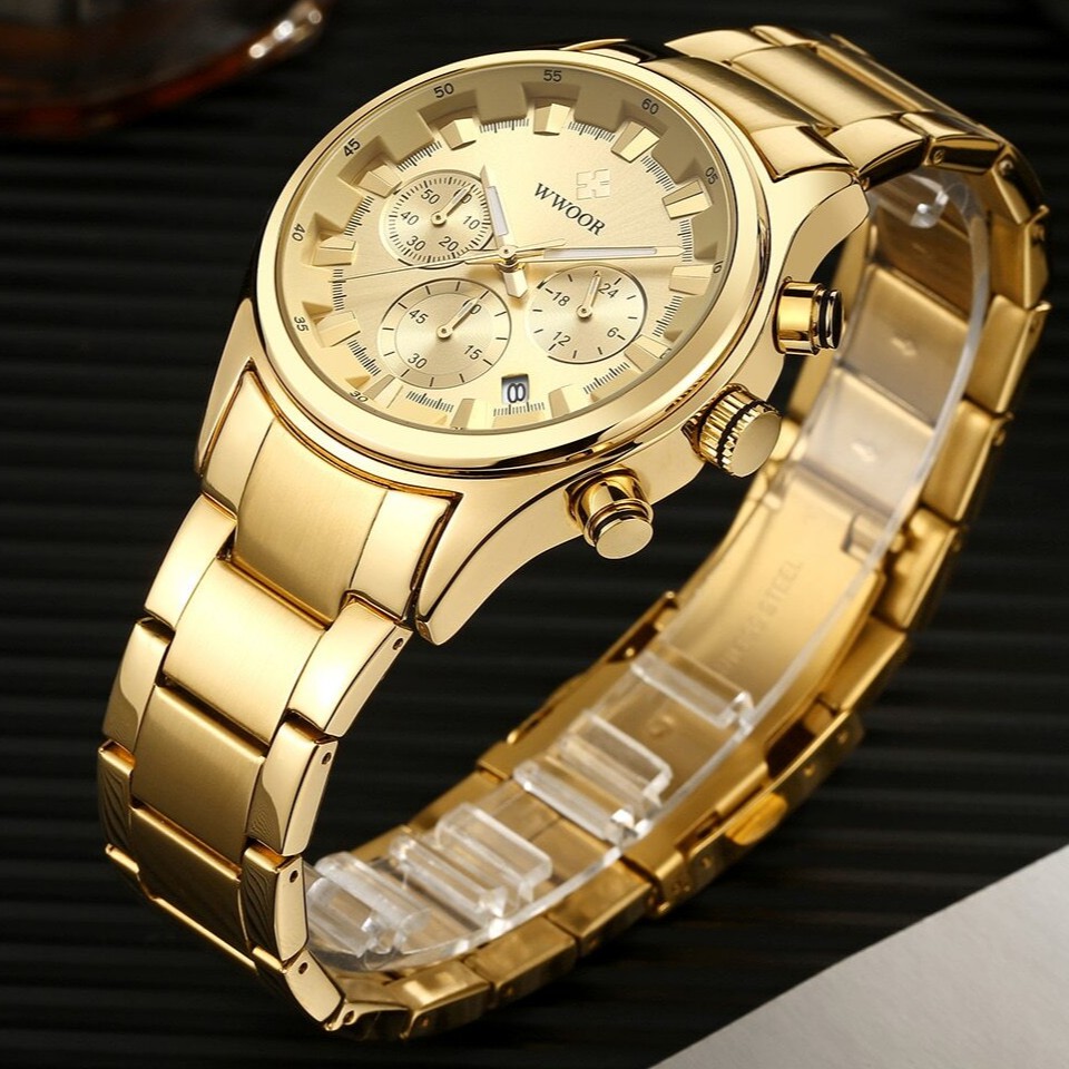Jam Tangan Pria Kronograp WWOOR 8857 GOLD Kaca Datar Anti Air Modis Analog Moderen Terbaru Original