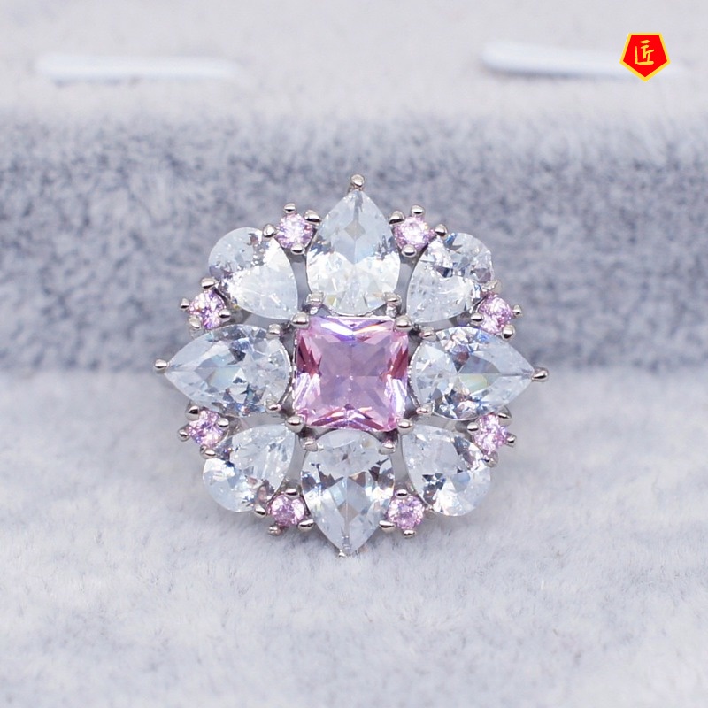 [Ready Stock]Pink Crystal Square Diamond Ring Sweet and Elegant