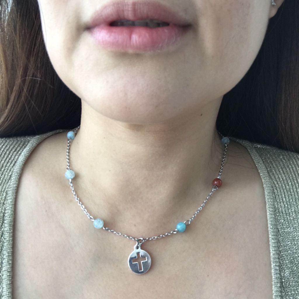 Kalung pendek salib anti karat batu alam aquamarine, kalung wanita, kalung pendek, aksesoris salib, 