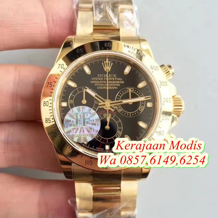 Best Seller ROLEX DAYTONA 116508 JF SWISS CLONE 1.1 YELLOW GOLD BLACK DIAL Garansi 1th