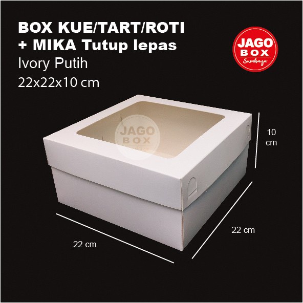 Box Kotak Kue/Tart/Roti 22x22x10 cm Tutup Lepas + Mika Ivory Putih